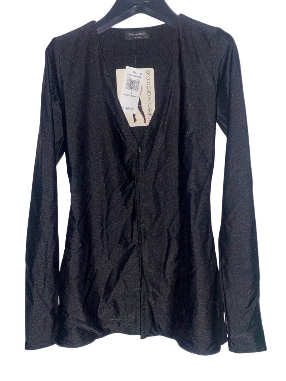 Naked Wardrobe Black Shimmer Long-Sleeve Button Front Top NWT in Small